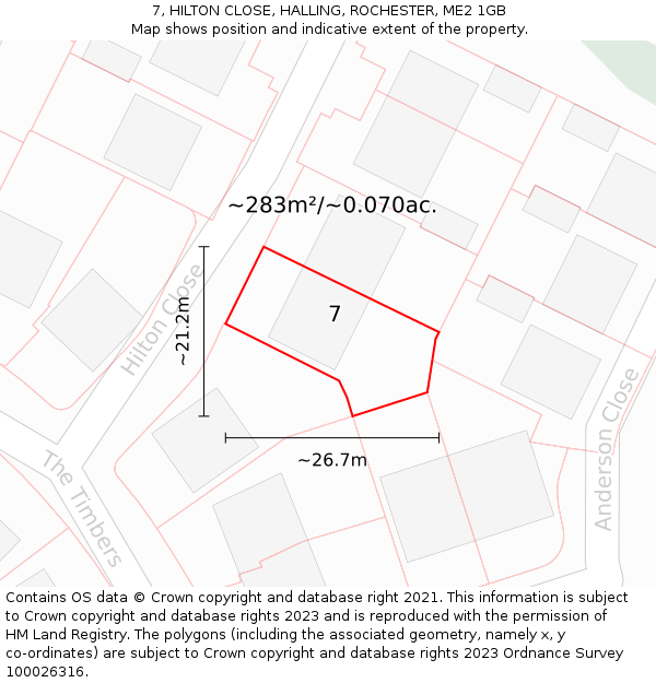 7, HILTON CLOSE, HALLING, ROCHESTER, ME2 1GB: Plot and title map