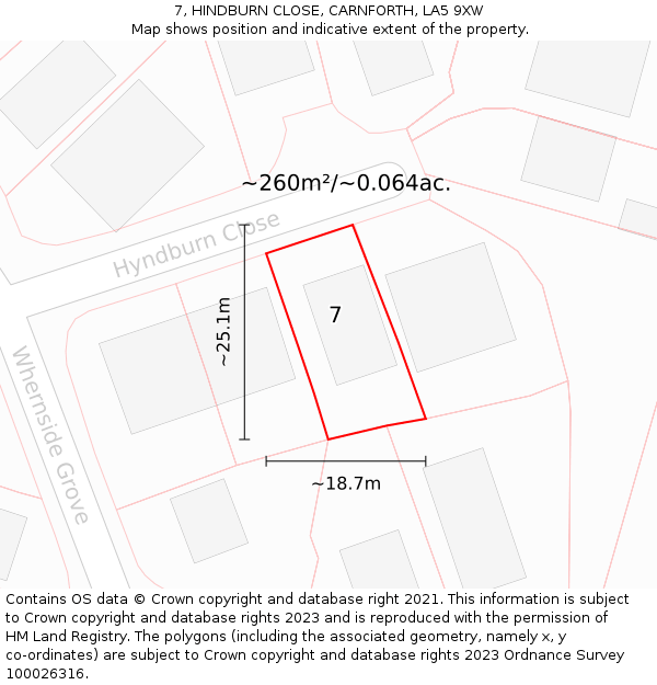 7, HINDBURN CLOSE, CARNFORTH, LA5 9XW: Plot and title map