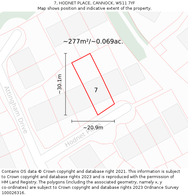 7, HODNET PLACE, CANNOCK, WS11 7YF: Plot and title map