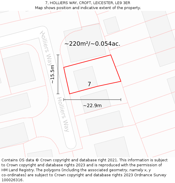 7, HOLLIERS WAY, CROFT, LEICESTER, LE9 3ER: Plot and title map