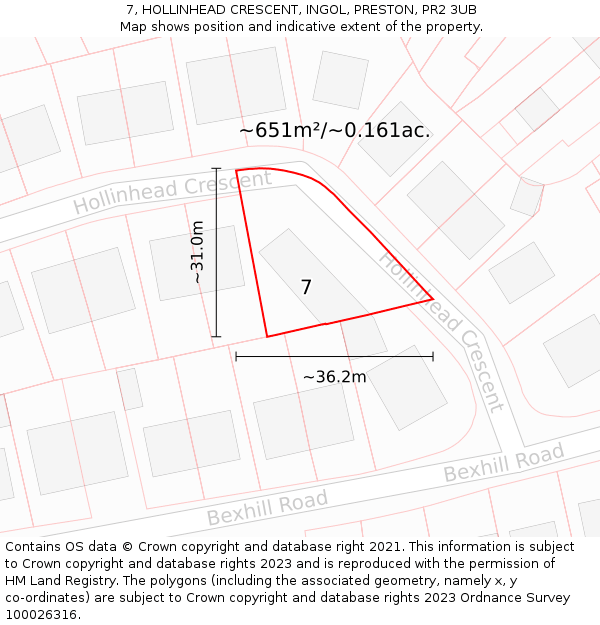 7, HOLLINHEAD CRESCENT, INGOL, PRESTON, PR2 3UB: Plot and title map