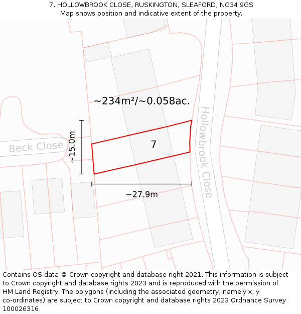 7, HOLLOWBROOK CLOSE, RUSKINGTON, SLEAFORD, NG34 9GS: Plot and title map