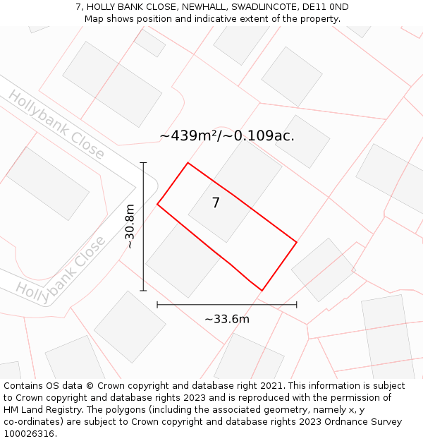 7, HOLLY BANK CLOSE, NEWHALL, SWADLINCOTE, DE11 0ND: Plot and title map