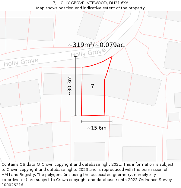 7, HOLLY GROVE, VERWOOD, BH31 6XA: Plot and title map