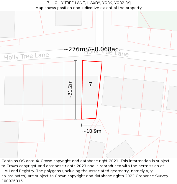 7, HOLLY TREE LANE, HAXBY, YORK, YO32 3YJ: Plot and title map