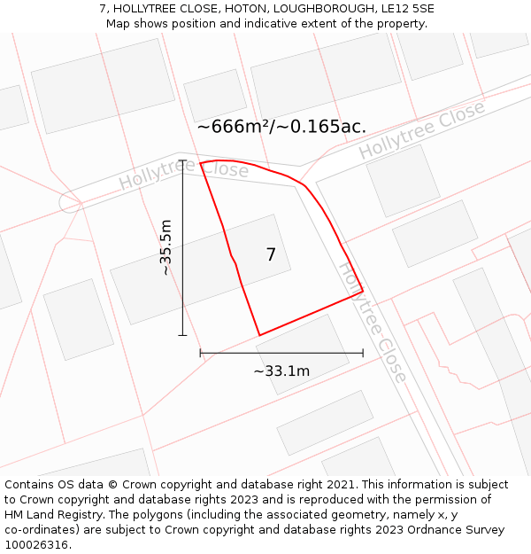 7, HOLLYTREE CLOSE, HOTON, LOUGHBOROUGH, LE12 5SE: Plot and title map