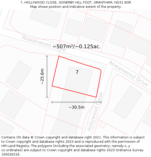 7, HOLLYWOOD CLOSE, GONERBY HILL FOOT, GRANTHAM, NG31 8GR: Plot and title map