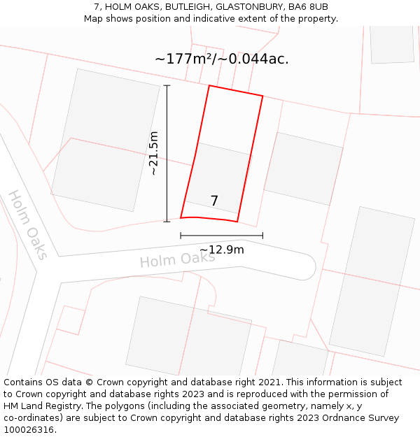 7, HOLM OAKS, BUTLEIGH, GLASTONBURY, BA6 8UB: Plot and title map