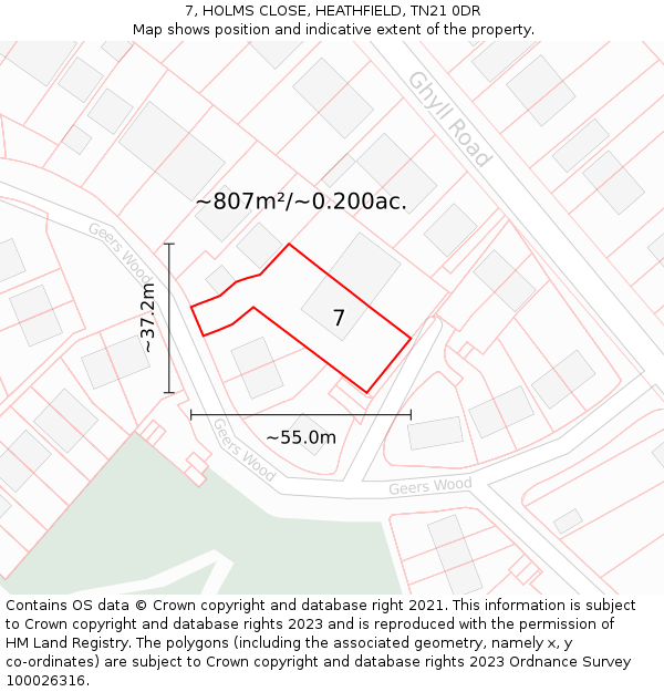 7, HOLMS CLOSE, HEATHFIELD, TN21 0DR: Plot and title map