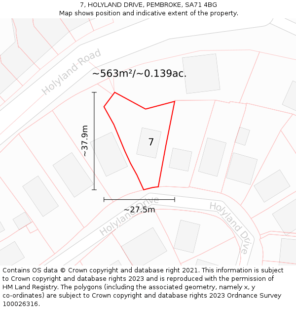 7, HOLYLAND DRIVE, PEMBROKE, SA71 4BG: Plot and title map