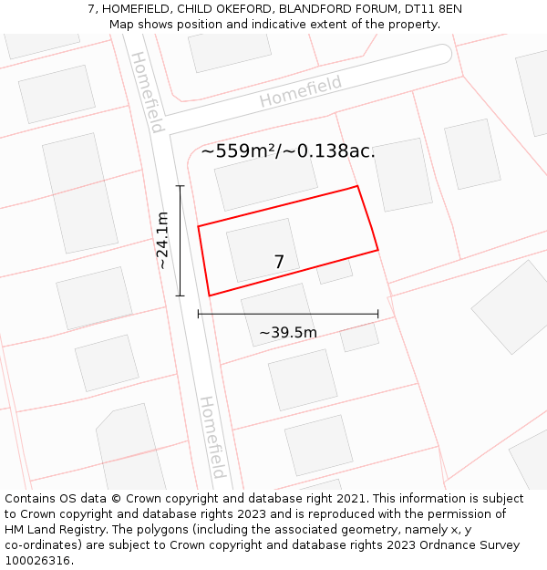 7, HOMEFIELD, CHILD OKEFORD, BLANDFORD FORUM, DT11 8EN: Plot and title map