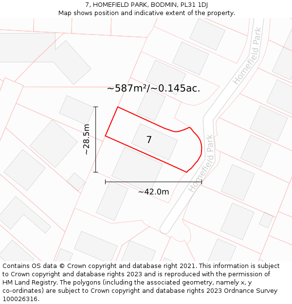 7, HOMEFIELD PARK, BODMIN, PL31 1DJ: Plot and title map