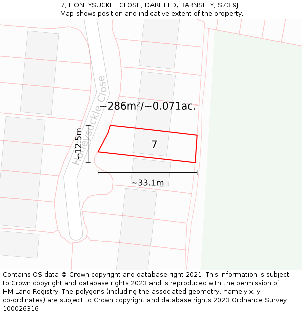 7, HONEYSUCKLE CLOSE, DARFIELD, BARNSLEY, S73 9JT: Plot and title map