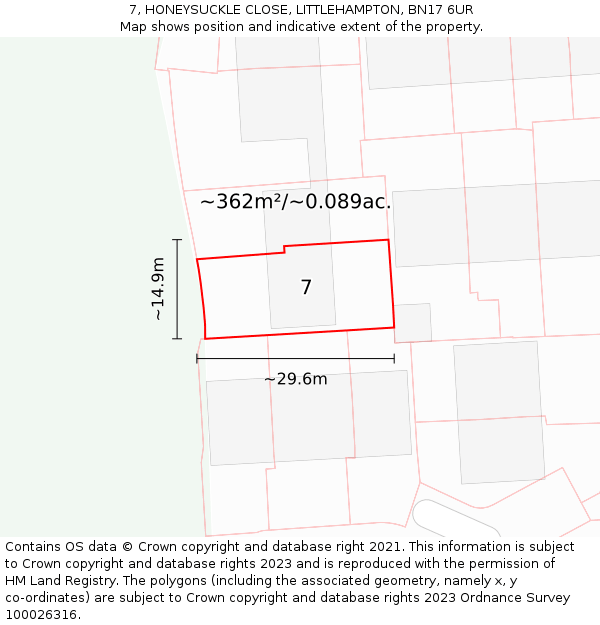 7, HONEYSUCKLE CLOSE, LITTLEHAMPTON, BN17 6UR: Plot and title map