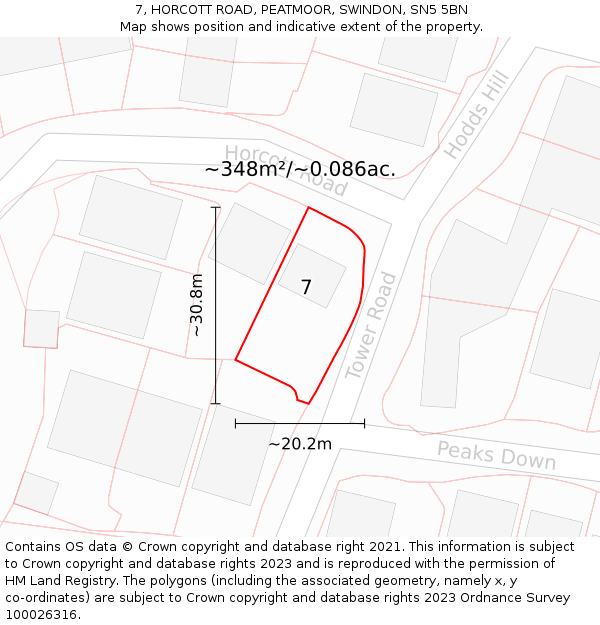 7, HORCOTT ROAD, PEATMOOR, SWINDON, SN5 5BN: Plot and title map