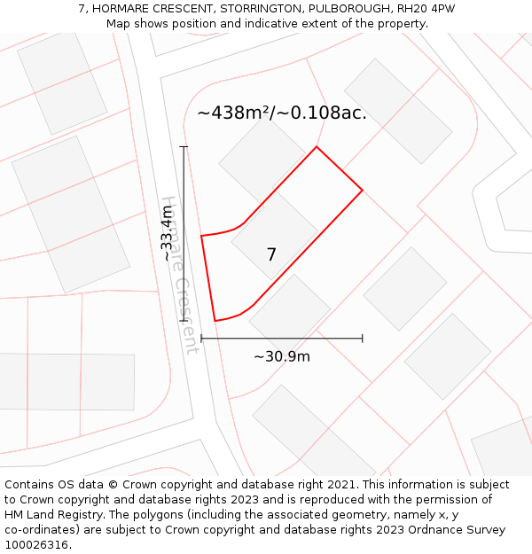 7, HORMARE CRESCENT, STORRINGTON, PULBOROUGH, RH20 4PW: Plot and title map
