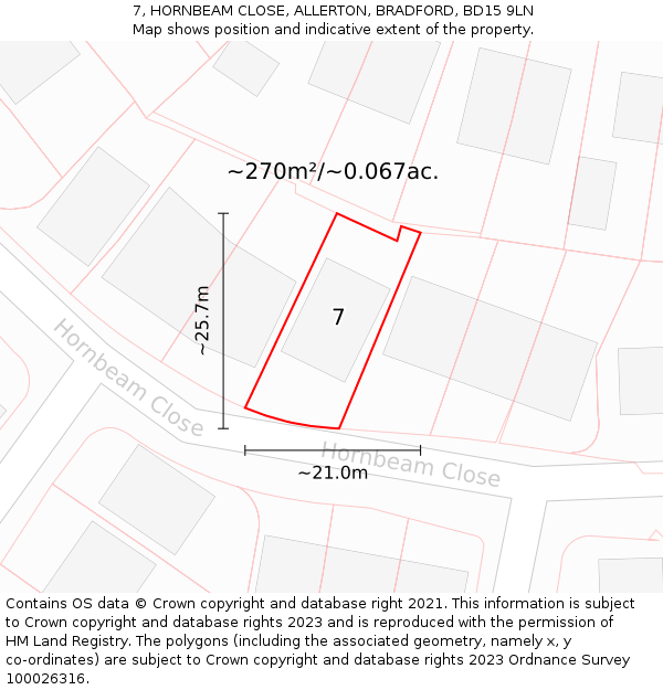 7, HORNBEAM CLOSE, ALLERTON, BRADFORD, BD15 9LN: Plot and title map