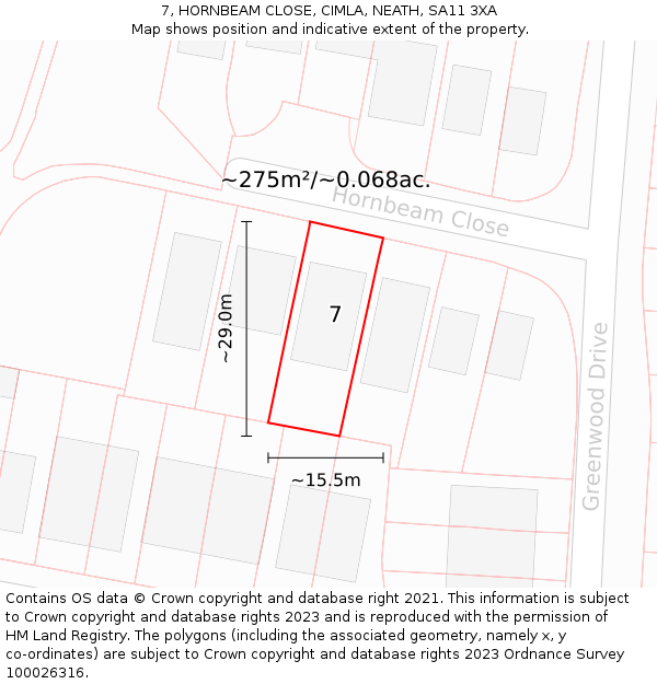 7, HORNBEAM CLOSE, CIMLA, NEATH, SA11 3XA: Plot and title map