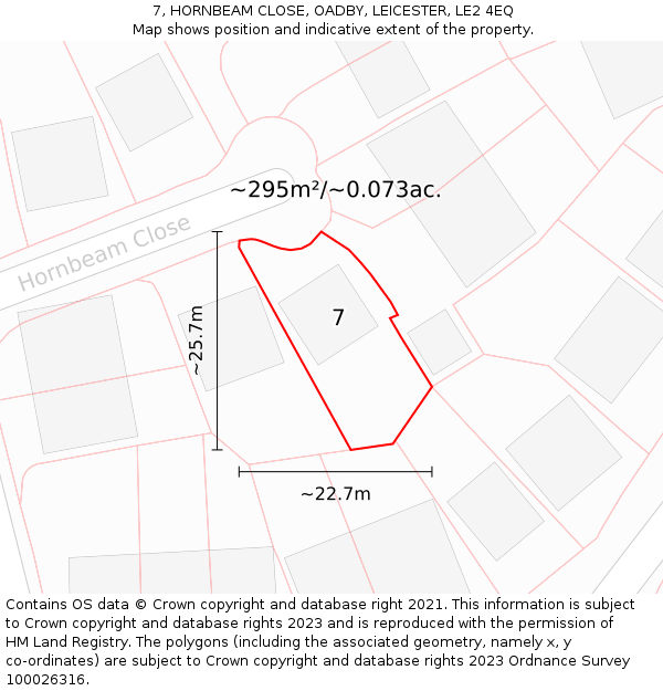 7, HORNBEAM CLOSE, OADBY, LEICESTER, LE2 4EQ: Plot and title map