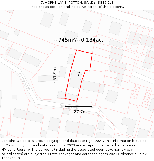 7, HORNE LANE, POTTON, SANDY, SG19 2LS: Plot and title map