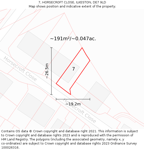 7, HORSECROFT CLOSE, ILKESTON, DE7 9LD: Plot and title map