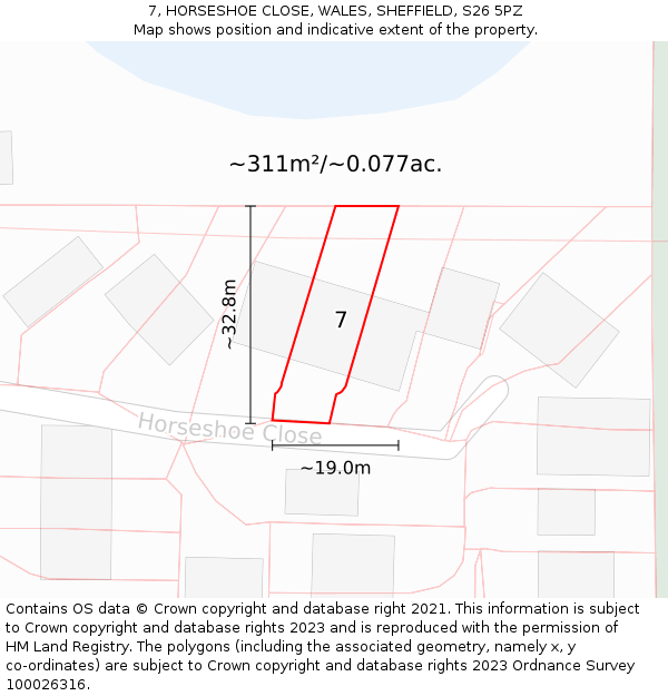 7, HORSESHOE CLOSE, WALES, SHEFFIELD, S26 5PZ: Plot and title map