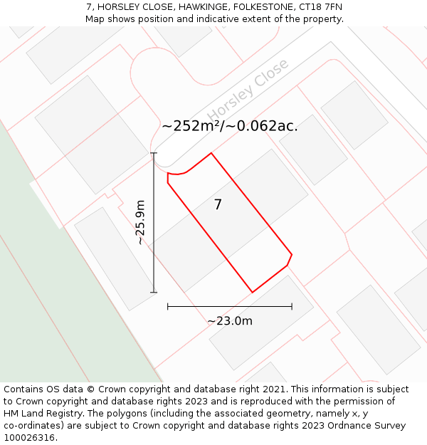 7, HORSLEY CLOSE, HAWKINGE, FOLKESTONE, CT18 7FN: Plot and title map