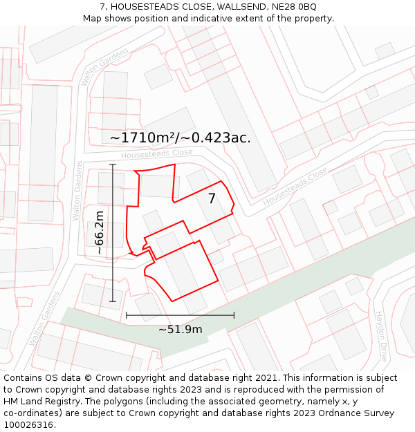 7, HOUSESTEADS CLOSE, WALLSEND, NE28 0BQ: Plot and title map