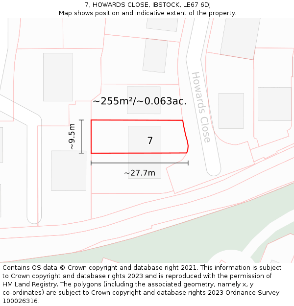 7, HOWARDS CLOSE, IBSTOCK, LE67 6DJ: Plot and title map