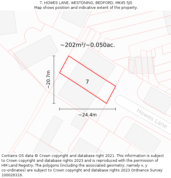 7, HOWES LANE, WESTONING, BEDFORD, MK45 5JS: Plot and title map