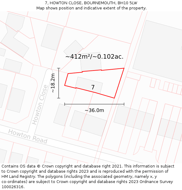 7, HOWTON CLOSE, BOURNEMOUTH, BH10 5LW: Plot and title map