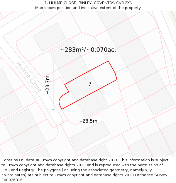 7, HULME CLOSE, BINLEY, COVENTRY, CV3 2XN: Plot and title map