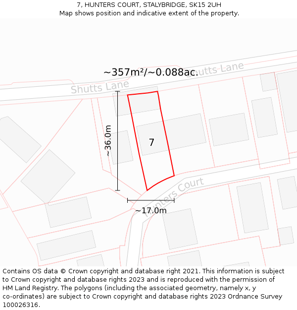 7, HUNTERS COURT, STALYBRIDGE, SK15 2UH: Plot and title map