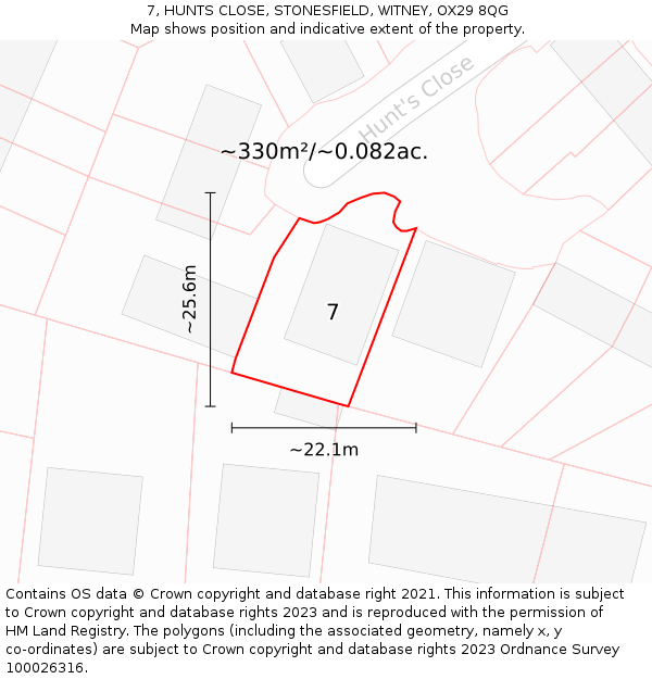 7, HUNTS CLOSE, STONESFIELD, WITNEY, OX29 8QG: Plot and title map