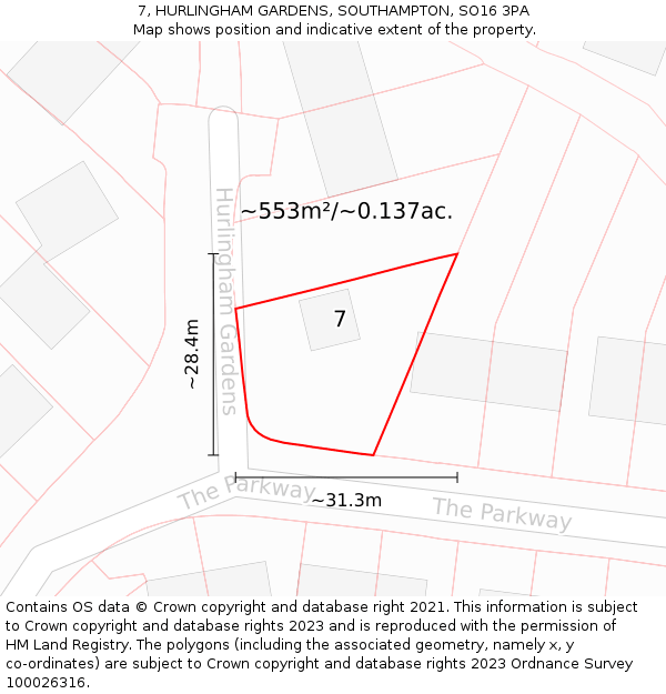 7, HURLINGHAM GARDENS, SOUTHAMPTON, SO16 3PA: Plot and title map