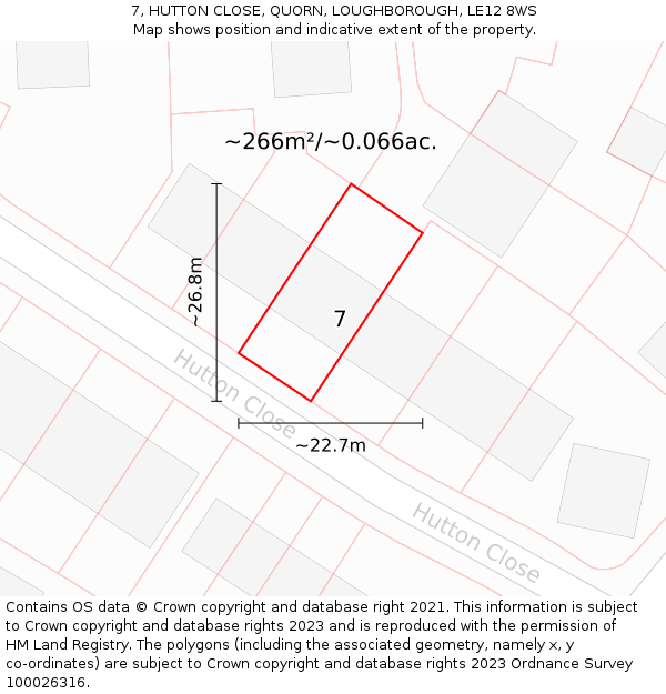 7, HUTTON CLOSE, QUORN, LOUGHBOROUGH, LE12 8WS: Plot and title map