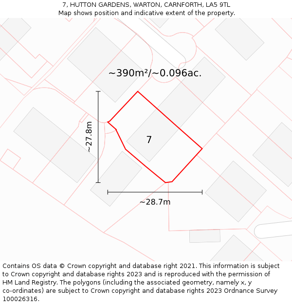 7, HUTTON GARDENS, WARTON, CARNFORTH, LA5 9TL: Plot and title map