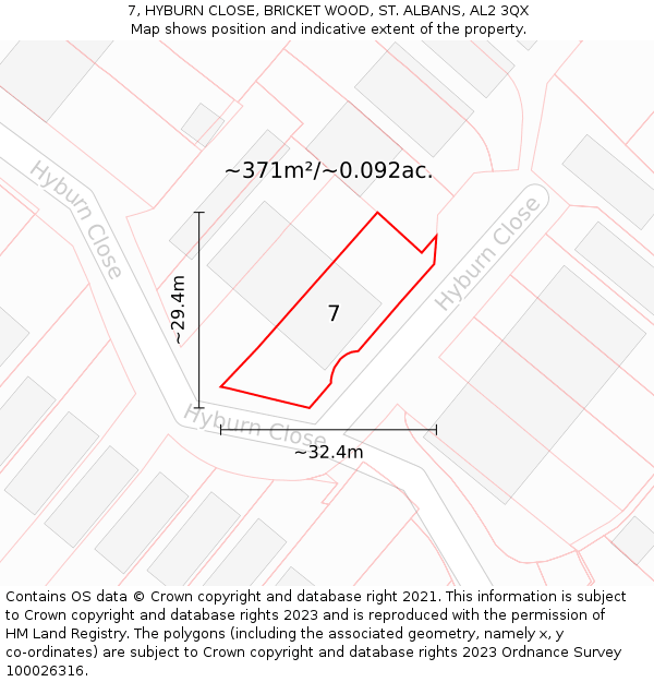 7, HYBURN CLOSE, BRICKET WOOD, ST. ALBANS, AL2 3QX: Plot and title map