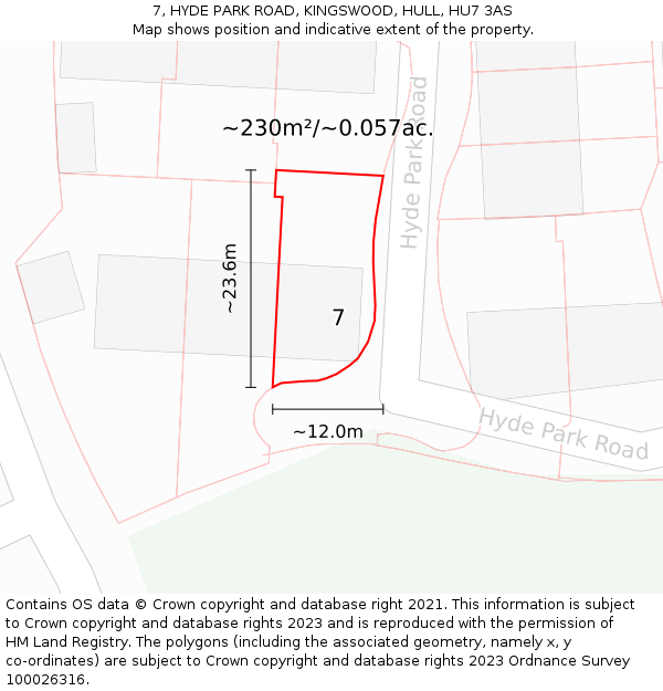 7, HYDE PARK ROAD, KINGSWOOD, HULL, HU7 3AS: Plot and title map