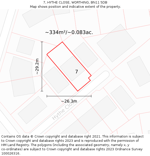 7, HYTHE CLOSE, WORTHING, BN11 5DB: Plot and title map