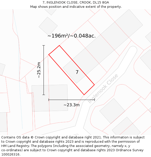 7, INGLENOOK CLOSE, CROOK, DL15 8GA: Plot and title map