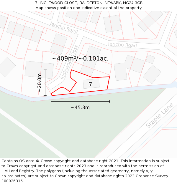 7, INGLEWOOD CLOSE, BALDERTON, NEWARK, NG24 3GR: Plot and title map