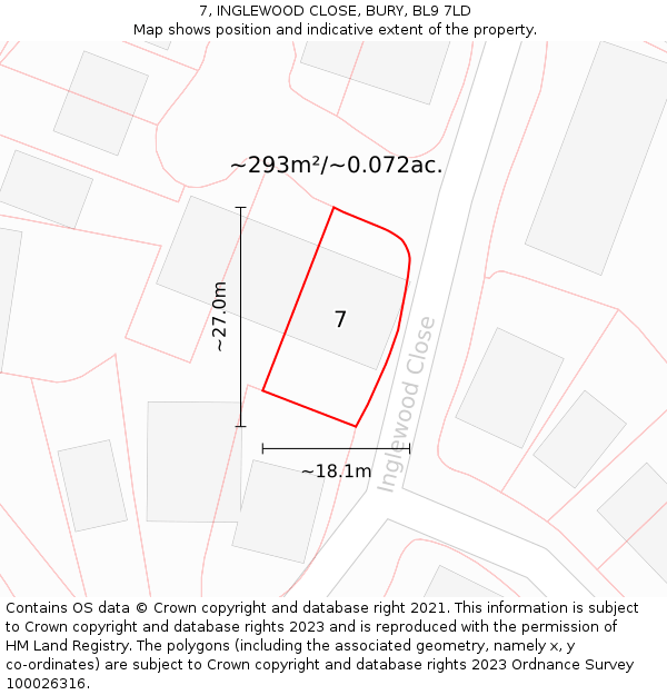 7, INGLEWOOD CLOSE, BURY, BL9 7LD: Plot and title map