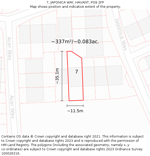 7, JAPONICA WAY, HAVANT, PO9 2FP: Plot and title map