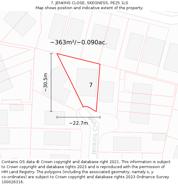 7, JENKINS CLOSE, SKEGNESS, PE25 1LS: Plot and title map