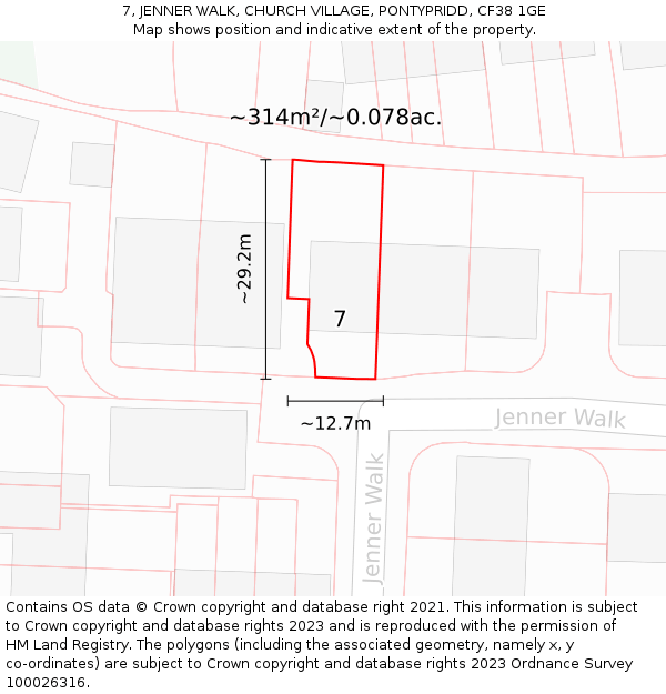 7, JENNER WALK, CHURCH VILLAGE, PONTYPRIDD, CF38 1GE: Plot and title map