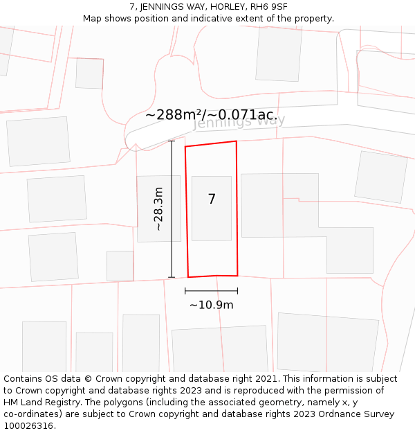 7, JENNINGS WAY, HORLEY, RH6 9SF: Plot and title map