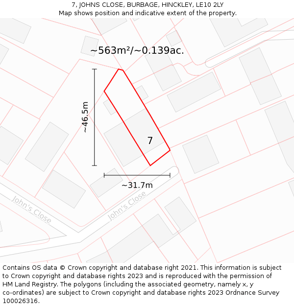 7, JOHNS CLOSE, BURBAGE, HINCKLEY, LE10 2LY: Plot and title map