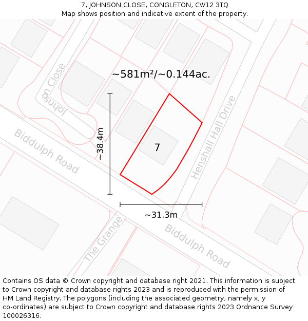 7, JOHNSON CLOSE, CONGLETON, CW12 3TQ: Plot and title map