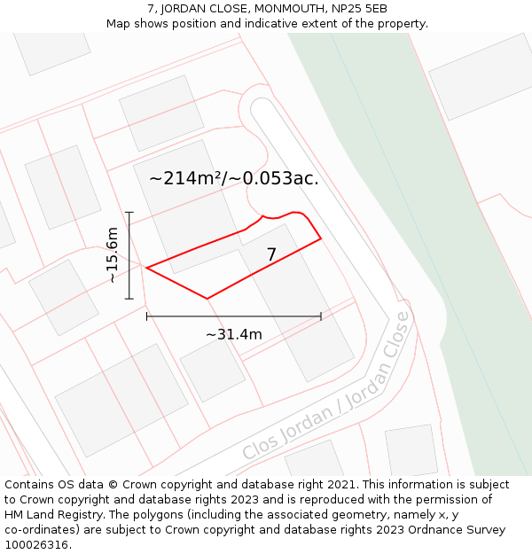 7, JORDAN CLOSE, MONMOUTH, NP25 5EB: Plot and title map